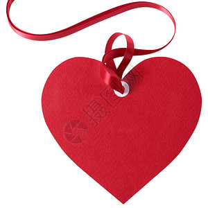 心脏形状情人节礼物标签或卡红色卷发带孤图片