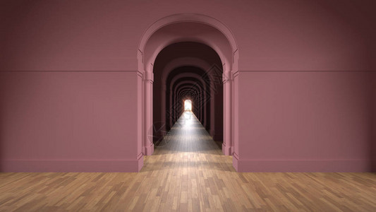 空荡的红色建筑内部有无限的拱门无尽的门口走廊走道迷宫图片