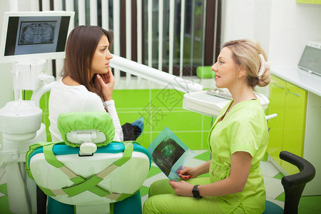 牙科办公室的牙医与女病人交谈并准备治疗图片