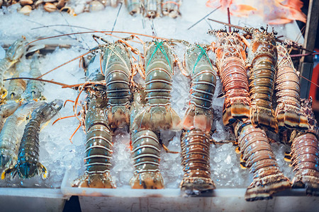 普吉岛街头食品店的新鲜龙虾背景图片