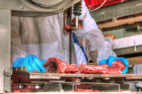 食品工业中肉类加工的特写图片