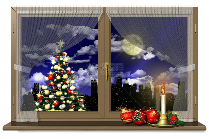 带有圣诞装饰的窗户冬天晚上的风景图片