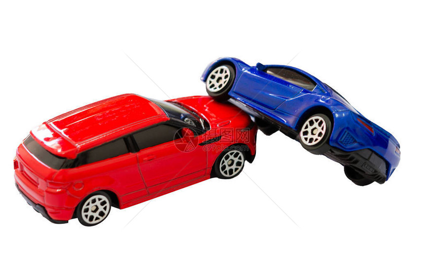 红色和蓝色玩具汽车在白图片