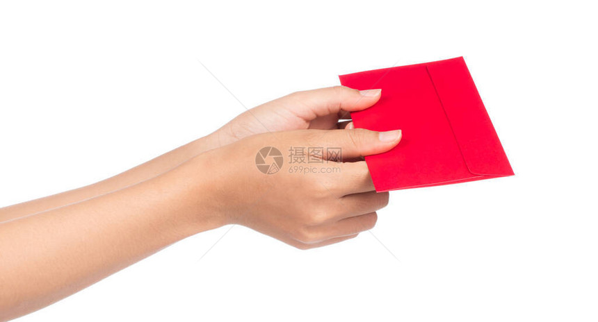 握着红色信封用白背景隔绝的新年日图片