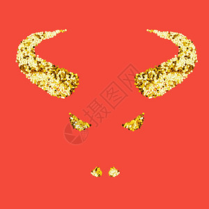 公牛的角眼睛和鼻孔从红色背景上的金色闪发光图片