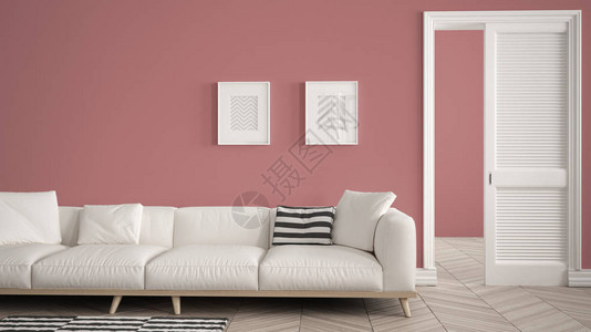 带白色沙发和地毯的现代带开门的红墙背景人字形镶木地板带复制空间的模板背景背景图片
