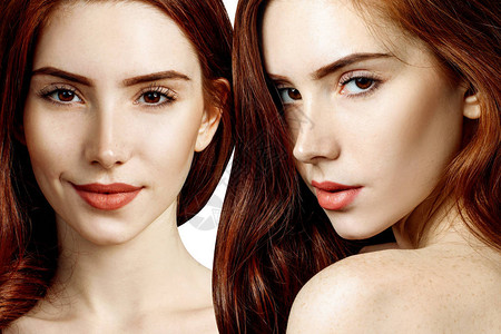 红发女人与完美皮肤的拼贴画在白色背景图片