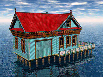 红顶水中的旧船屋背景图片