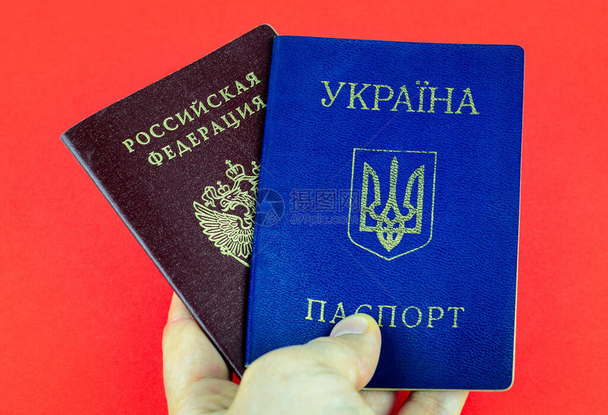 两本国内护照红色俄罗斯护照和红色背景中手持的蓝图片