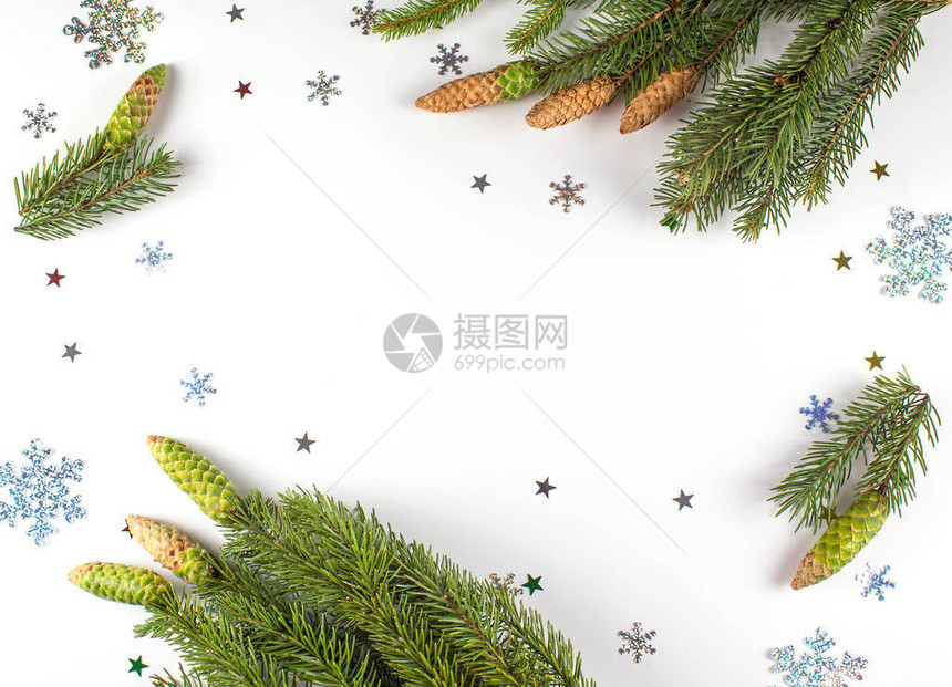 弗拉特利圣诞节新年和圣诞节圣诞贺卡背景圣诞树枝雪花和星隔图片