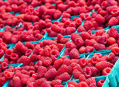 水果市场蓝色纸盒中的红树莓图片