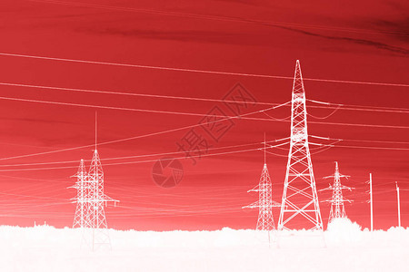 Pylon高电压线装有电线的金属结构大塔图片