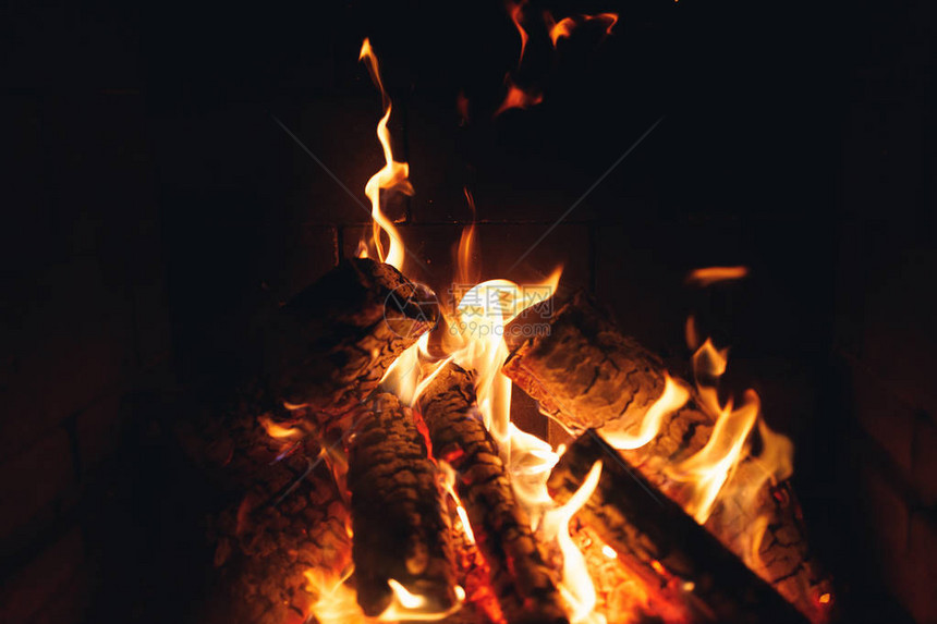 壁炉里燃烧着火原木图片