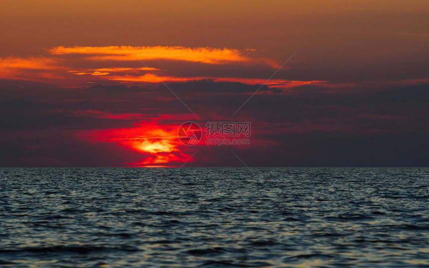 海面上明亮的红日落图片