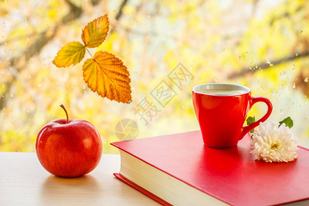 苹果红书一杯咖啡和窗玻璃上的干叶背景图片