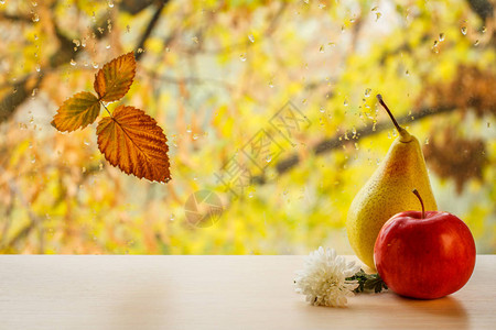 红苹果黄梨花和干叶在窗玻璃上背景图片