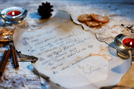 一张旧的手写信碎片在羊皮纸上冬季背景图片