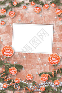 带珍珠的假日卡和桃皮纸背景上美丽的玫瑰花束图片