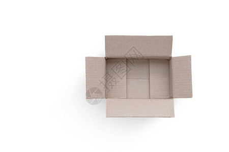 在白背景上孤立的打开纸板盒用于在线购物理念的褐色框顶端视图带图片