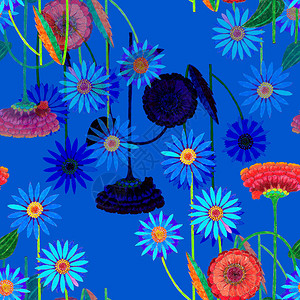 蓝色背景的装饰花朵织物的图片