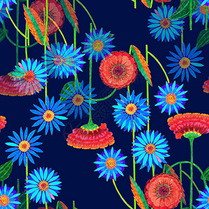深蓝色背景的装饰花朵织物的图片