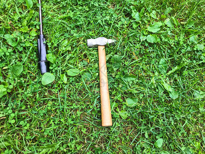 草地上有一把锤子和一把螺丝刀修理工具放在草坪上用铬尖锤在木柄上图片