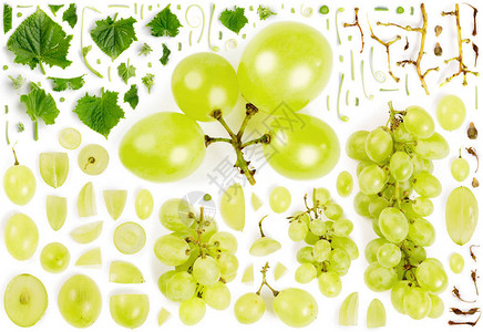 大量绿色葡萄酒水果切片和叶子收藏图片