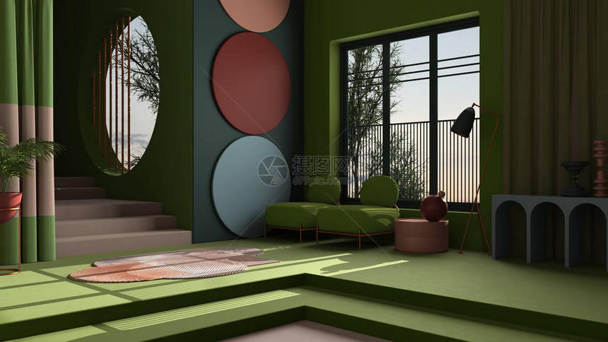 古典空间中平面客厅的柔和色彩和形而上学抽象物混凝土楼梯和绿色墙壁扶手椅和盆栽植物地毯和灯图片