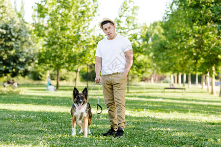 青年男子在公园里走着他的狗拉丁模特装图片