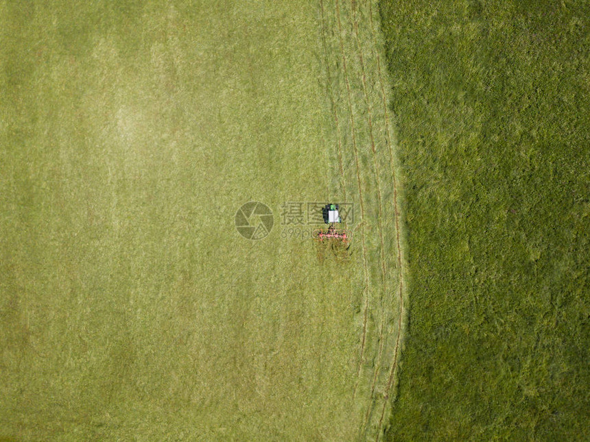 从草原上采集绿色干草的拖图片