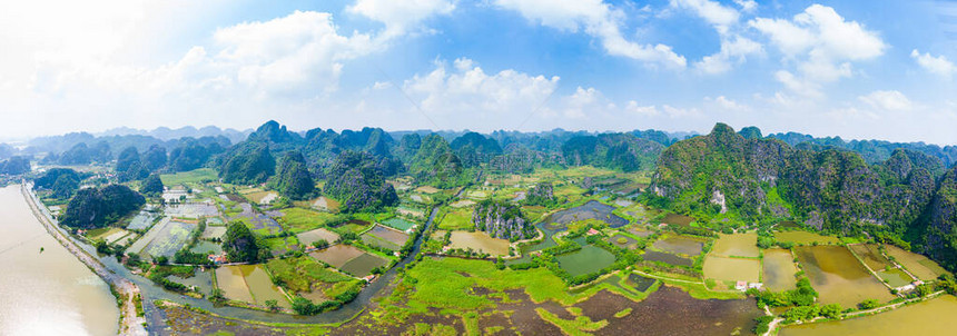 宁平地区鸟瞰图TrangAnTamCoc旅游景点联合国教科文组织世界遗产风景秀丽的河流在越南的喀斯特山脉中爬行图片
