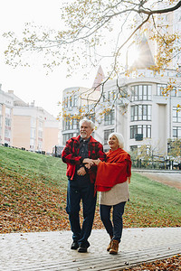 老夫妇在绿色公园散步五十年在一起的爱情故事奶和爷接吻祖母和祖父在他们的金背景图片