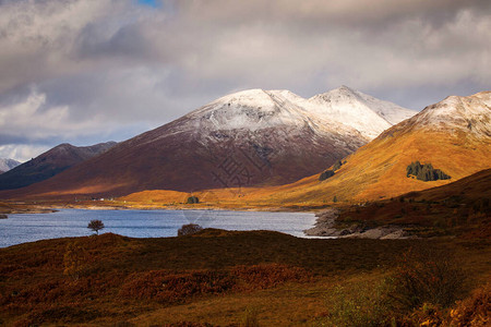 英国苏格兰高原的秋天风景美丽的山峰背景下着图片