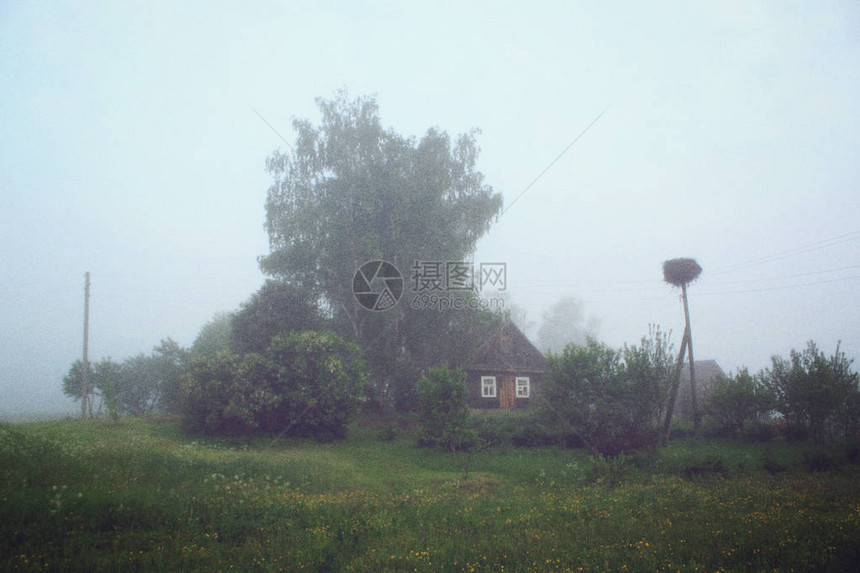 乡村晨雾中的乡村家园图片