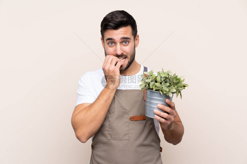 园丁男人拿着一个植物在孤立的背景神经紧张和恐惧图片