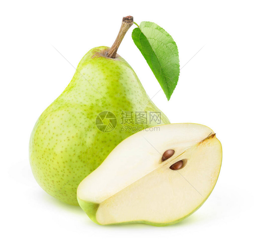 孤立的梨一个完整的绿色梨和一个在白色背景图片