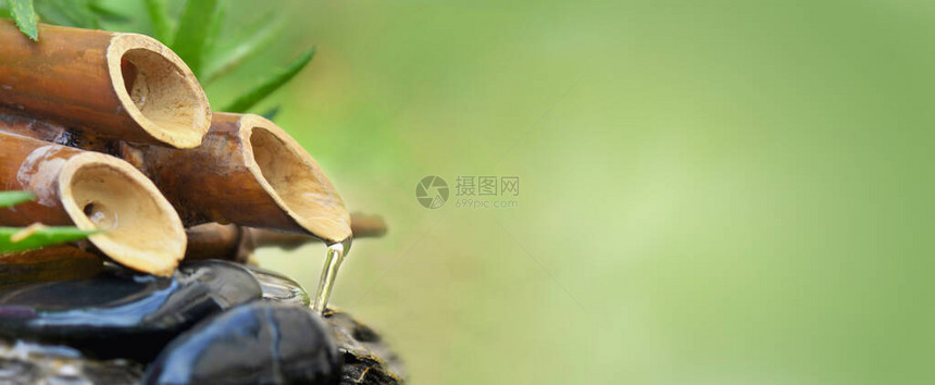 竹泉紧闭着竹泉水流在绿色的背图片