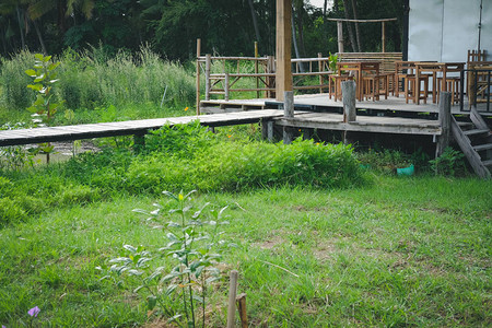 公园内的小屋和木制人行天桥图片