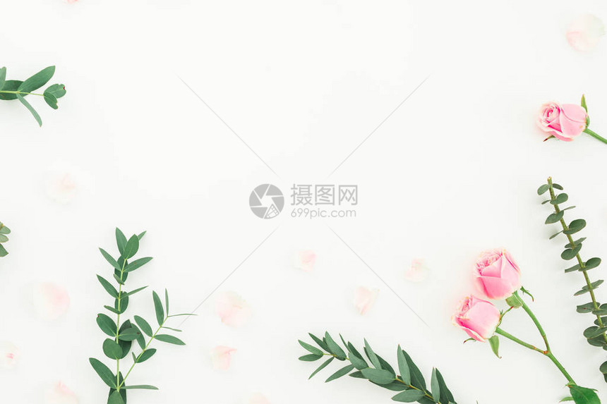 花状框架由玫瑰花和白上叶树枝组成平坦的躺图片