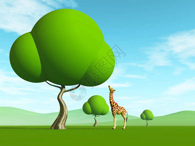 Giraffe向上看一棵圆形的树在田里3D图片