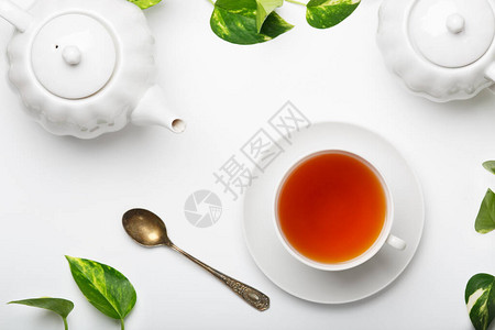 光桌上的新鲜泡茶壶糖碗白菜白色图片