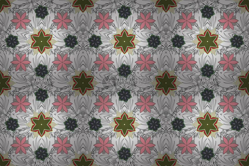 相交的弯曲优雅的程式化叶子和卷轴形成阿拉伯风格的抽象花卉装饰白色粉色和绿色的复古抽象光栅无缝花图片