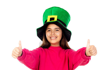 带绿帽子女孩美丽的女孩带着一顶大绿帽子孤立背景
