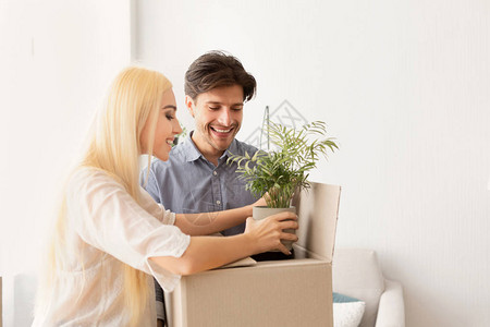 搬家的概念微笑的夫妇在盒子里包装绿色植物文图片