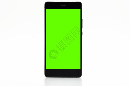 黑色手机带有绿色屏幕与白色背景隔绝图片