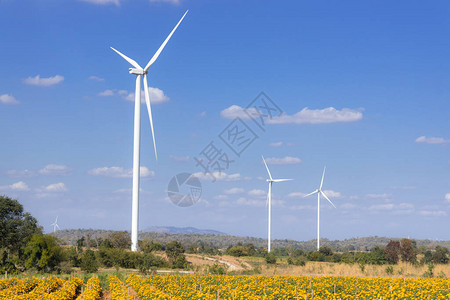 蓝色天空中的风力涡轮机背景图片