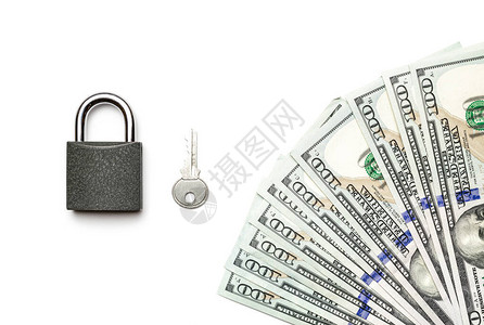 美元安全华盛顿美国现金与挂锁上白色孤立Usd钱白色背景图片