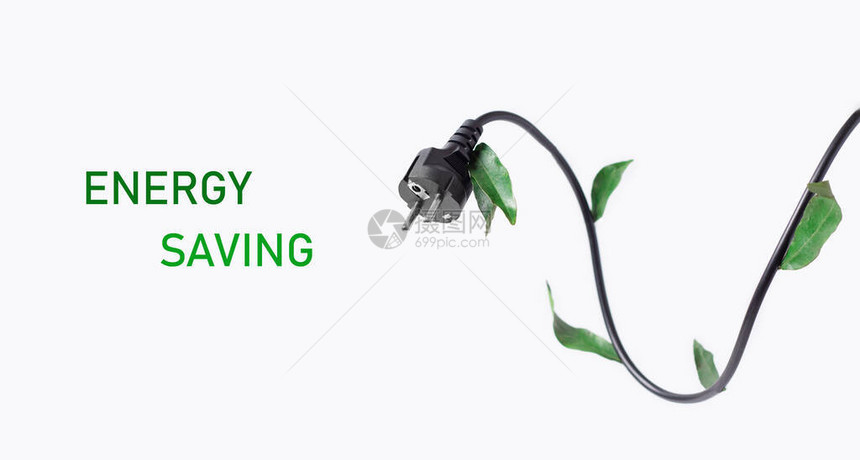 为节能和节约能源而奋斗概念照片绿色叶子的电插头白底带文字图片