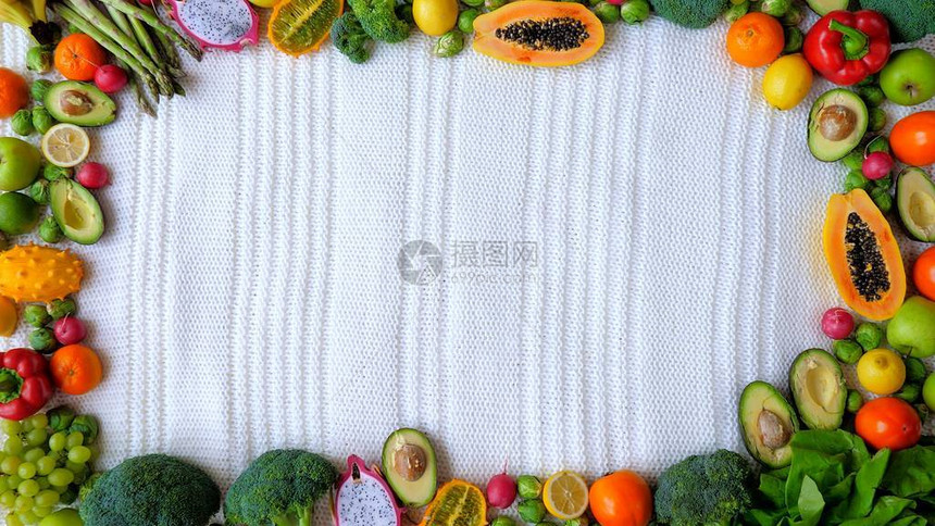 水果蔬菜边框织物概念顶级视图片