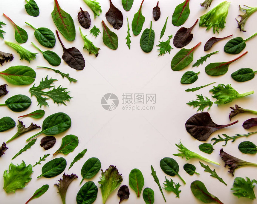 用沙拉叶围成一圈的图案孤立的混合沙拉与芝麻菜蒙古菠菜生菜在白色背景健康营养概念顶视图图片